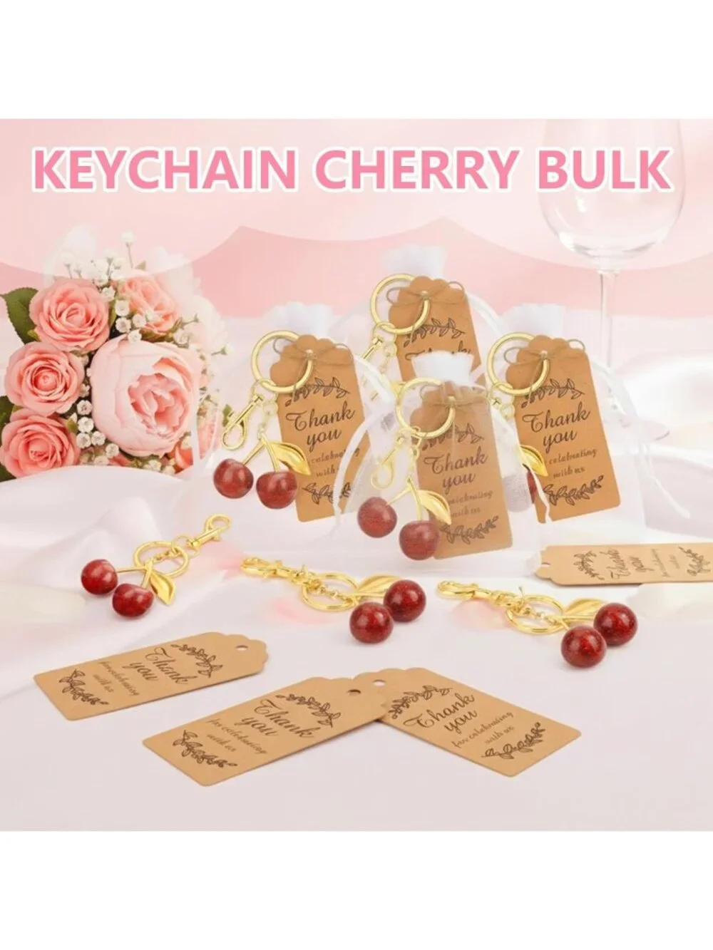 48PCS Cherry Keychains Bulk Charm Accessories for Women, Cute Purse Keyrings